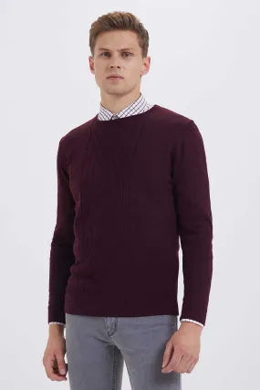 Regular Fit Plain Wool Blend Navy Crewneck Sweater, Burgundy