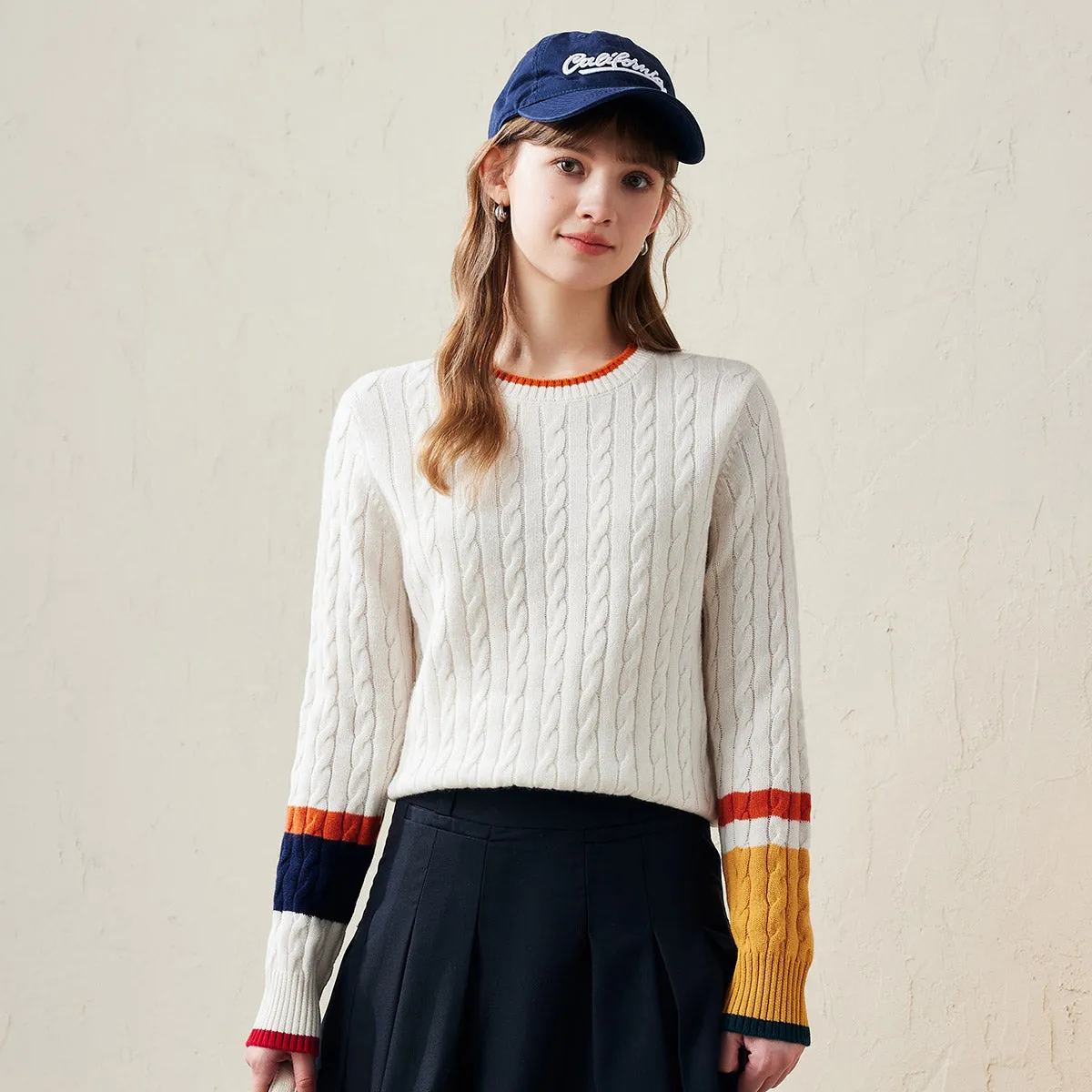 100% Wool Colorblock Cable Knit Sweater