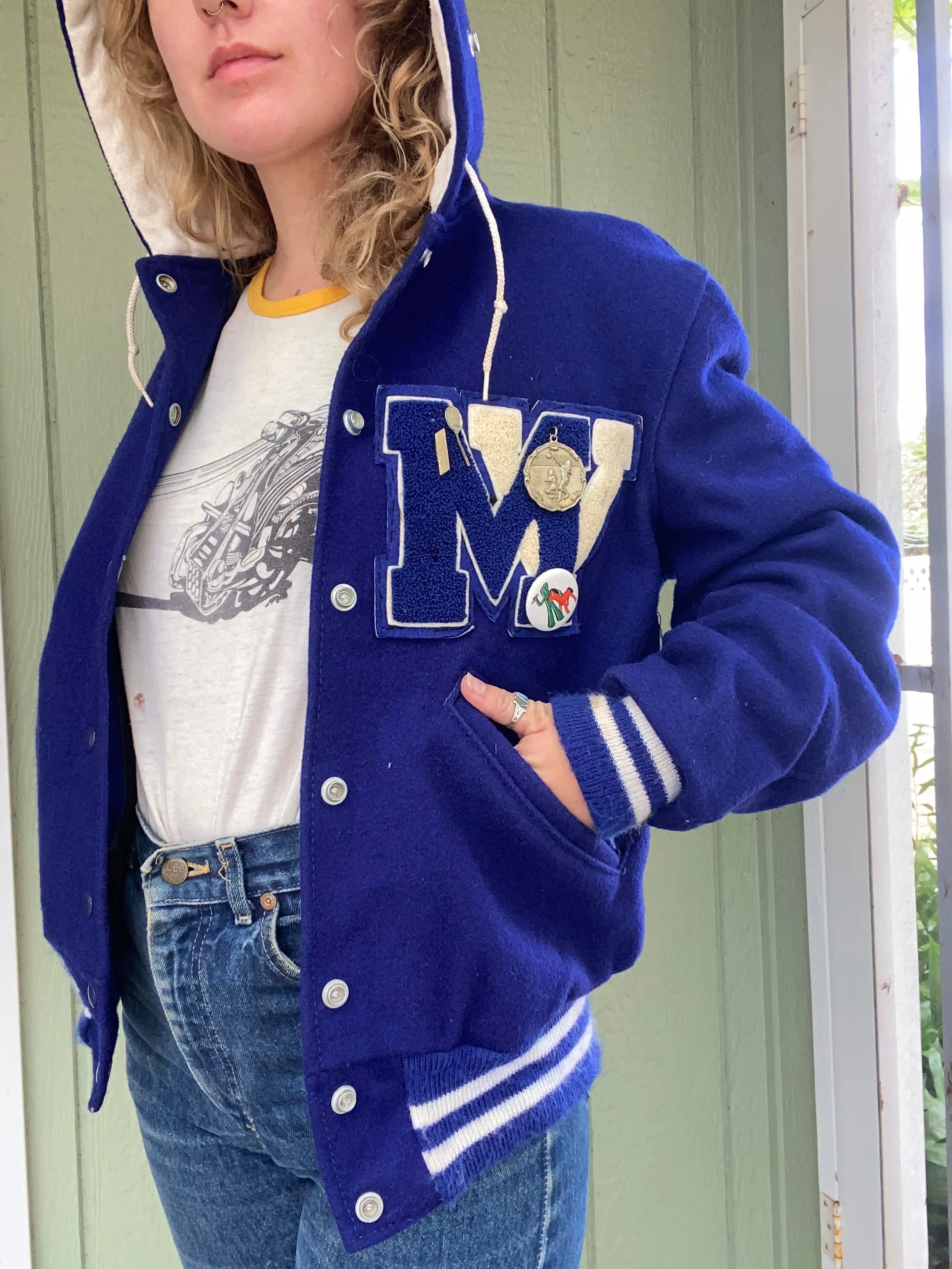 1980s Blue Split Hood Varsity Jacket