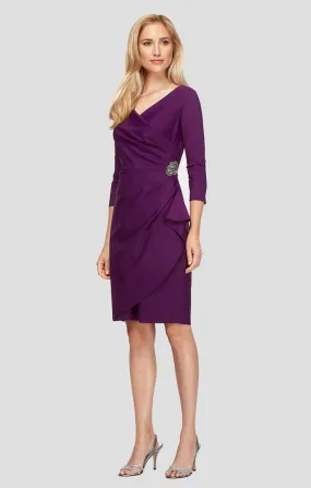 3/4 Sleeve Compression Sheath Dress with Beaded Hip Detail Ruffle Detail