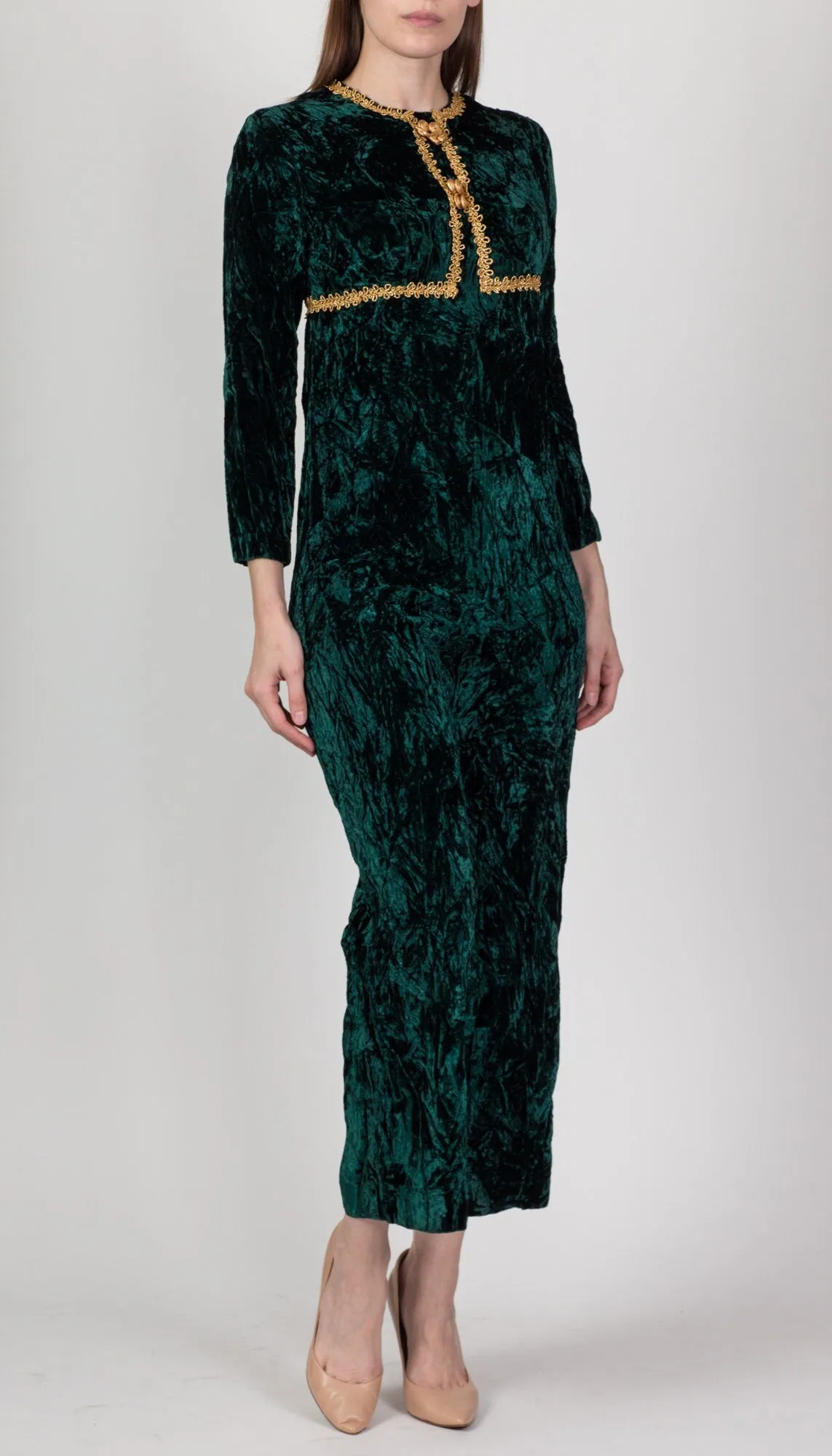 60s Green & Gold Crushed Velvet Jumpsuit - Petite Small