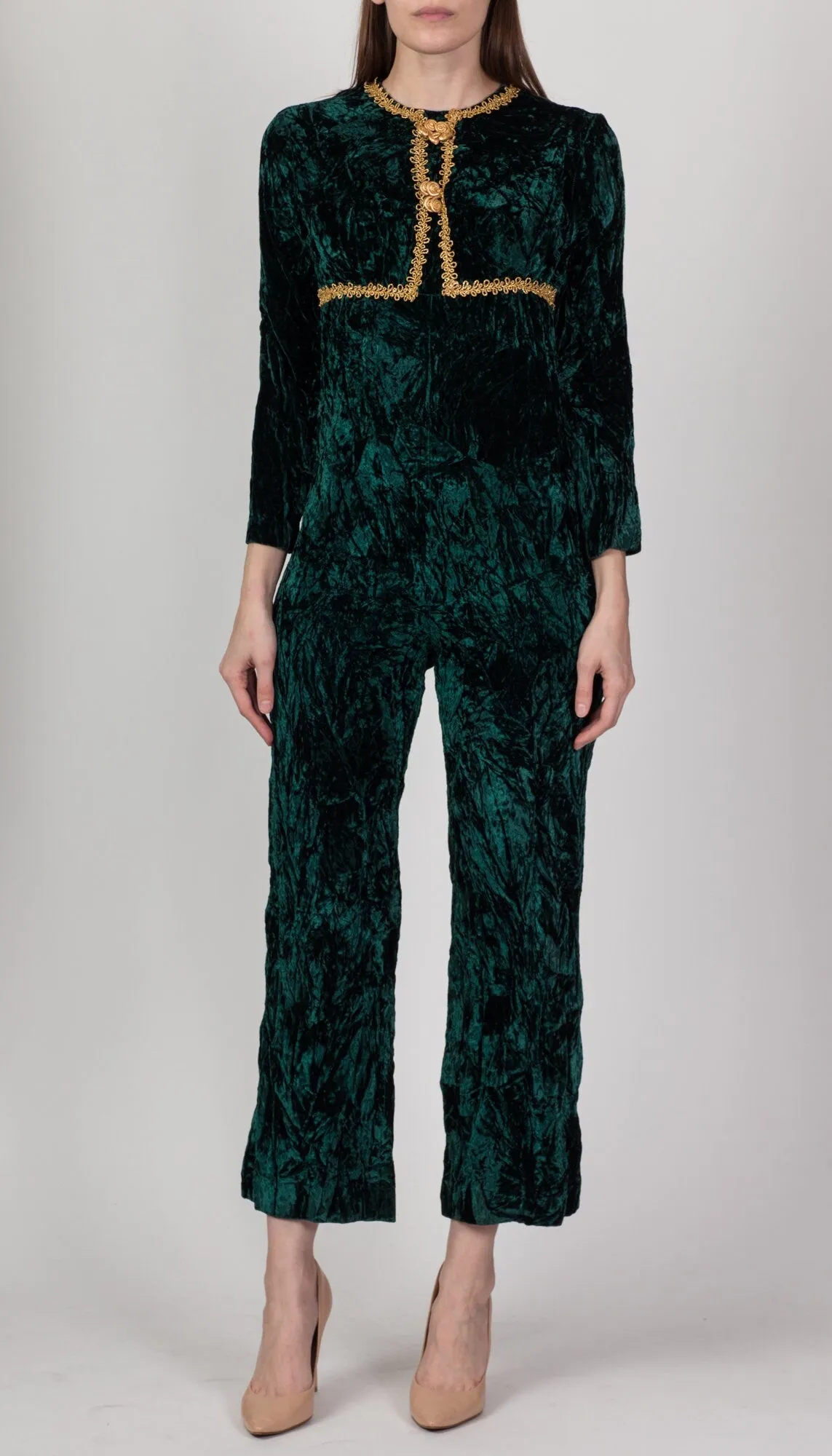 60s Green & Gold Crushed Velvet Jumpsuit - Petite Small