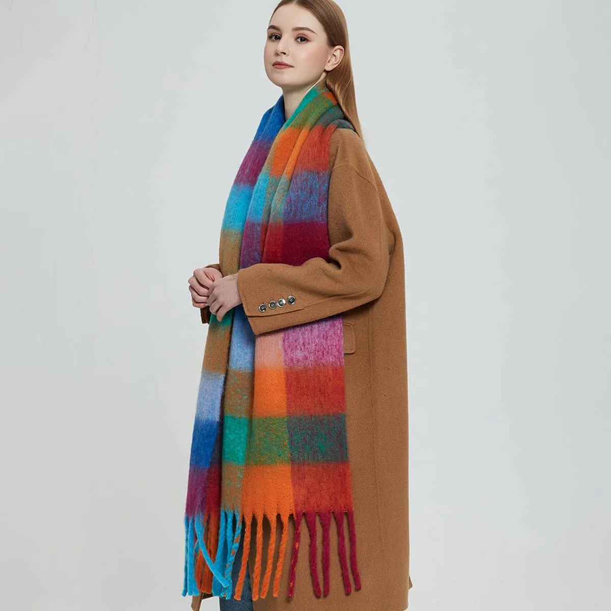 Accity | PLAID PATTERN FRINGE TRIM WINTER SCARF: GREEN/YELLOW