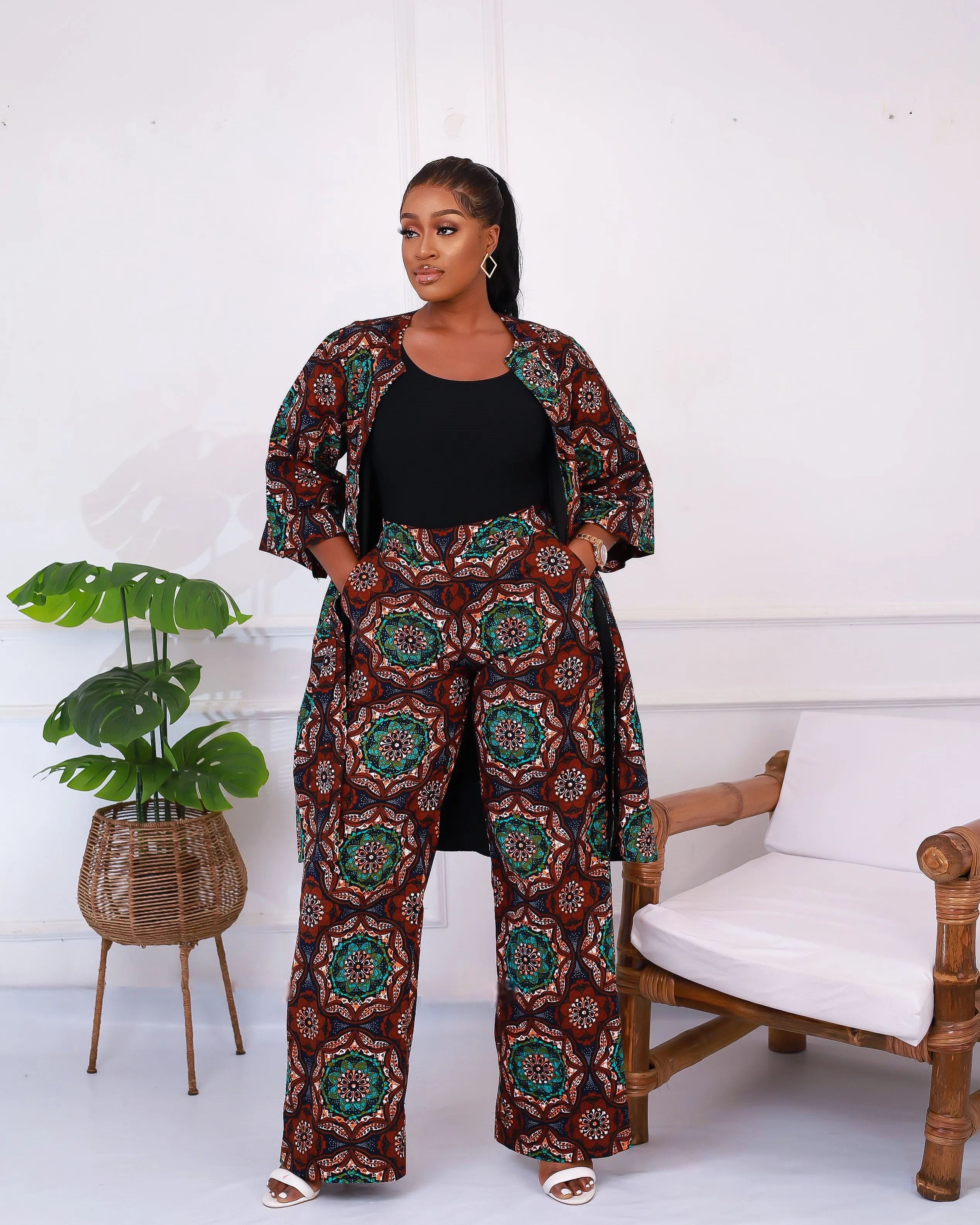 African Print Embellished Midi Jacket - Deriole