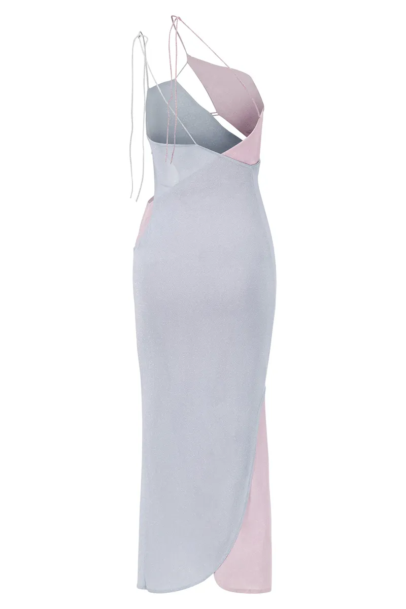 ALINA ASYMMETRICAL COLUMN DRESS IN GLIMMER PINK/BLUE