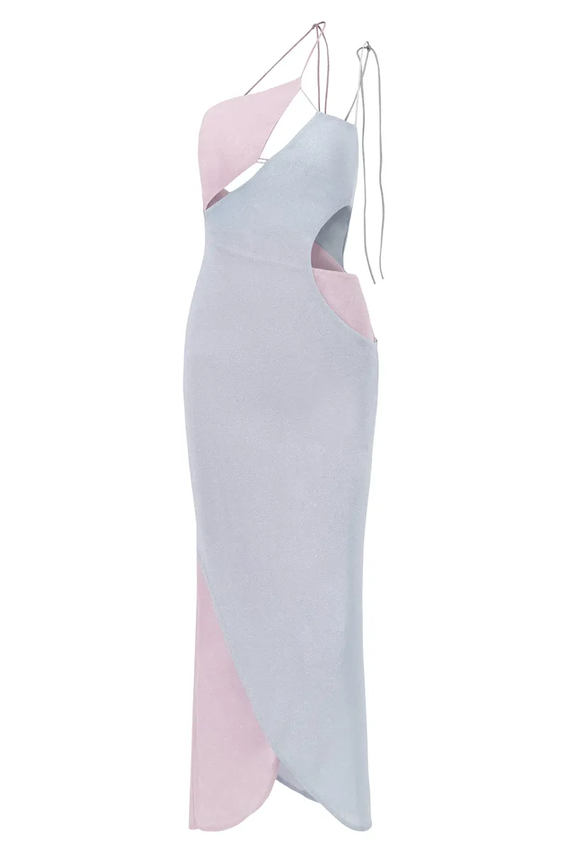 ALINA ASYMMETRICAL COLUMN DRESS IN GLIMMER PINK/BLUE