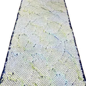 All-Shibori Vintage Kimono Silk Piece, Lime/Off-White/Indigo, from Japan, 14" x 61"  Item #239