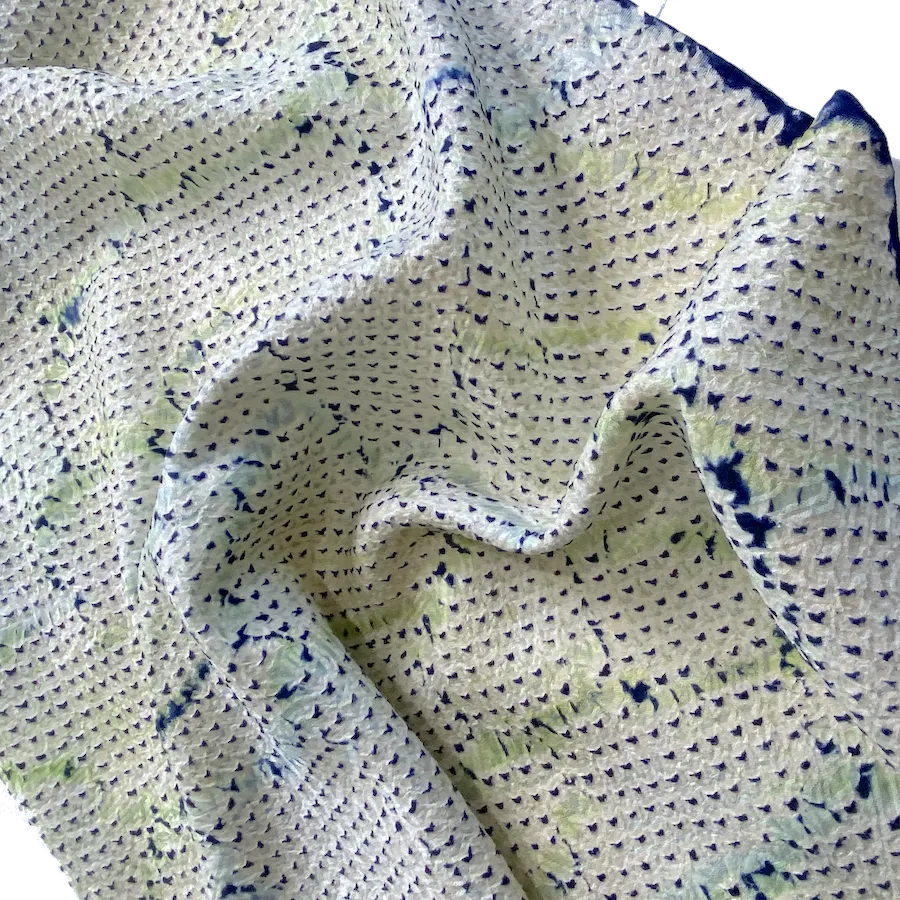 All-Shibori Vintage Kimono Silk Piece, Lime/Off-White/Indigo, from Japan, 14" x 61"  Item #239