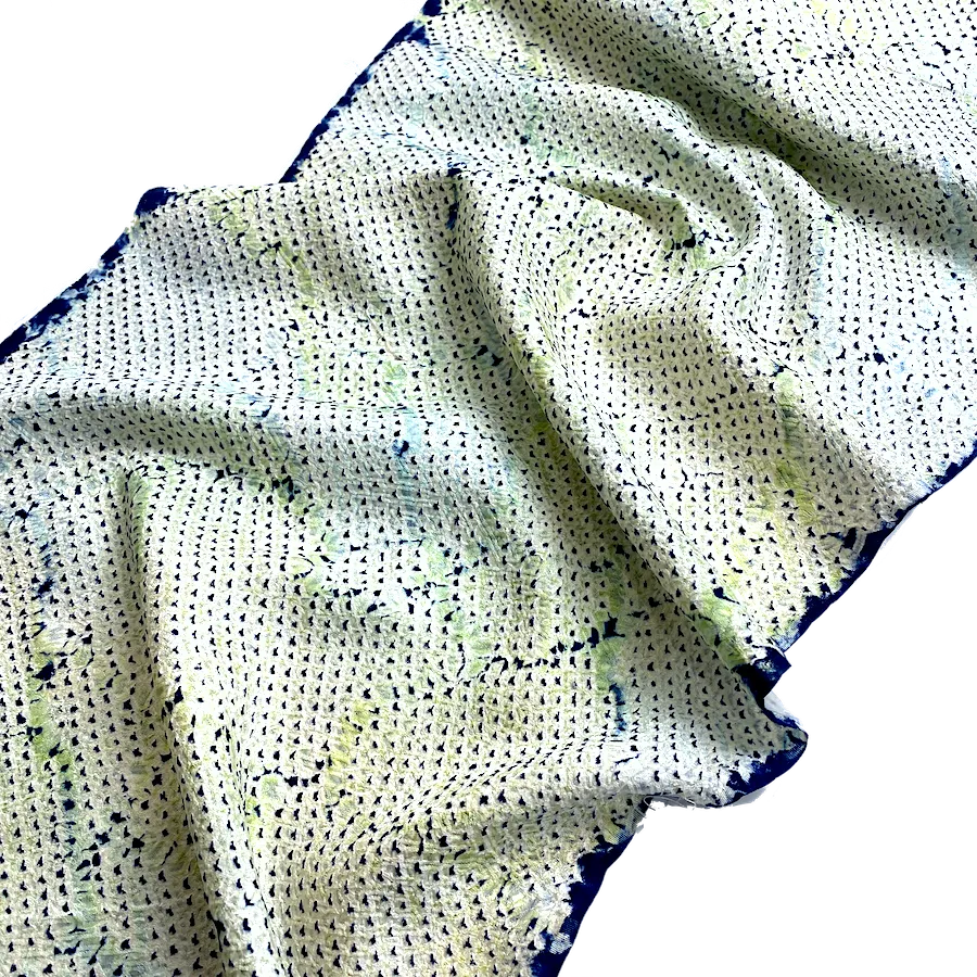 All-Shibori Vintage Kimono Silk Piece, Lime/Off-White/Indigo, from Japan, 14" x 61"  Item #239