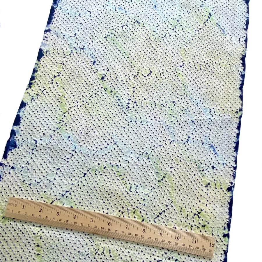 All-Shibori Vintage Kimono Silk Piece, Lime/Off-White/Indigo, from Japan, 6" x 53"  Item #239