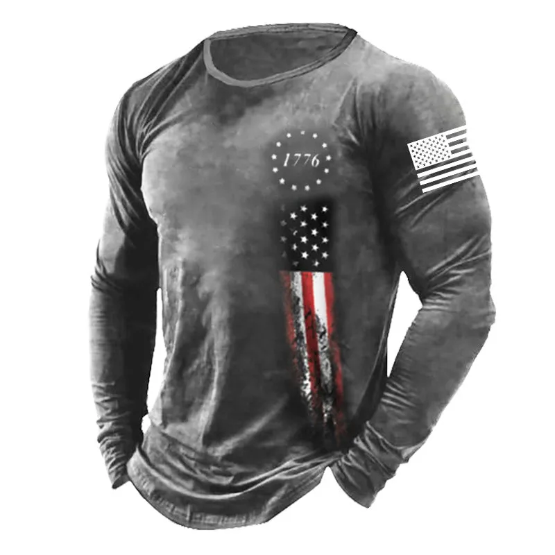 AMERICAN FLAG PRINTED ROUND NECK LONG SHIRT