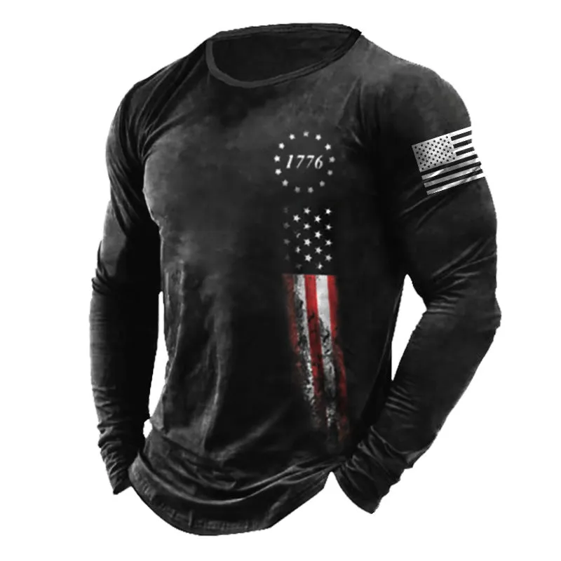 AMERICAN FLAG PRINTED ROUND NECK LONG SHIRT