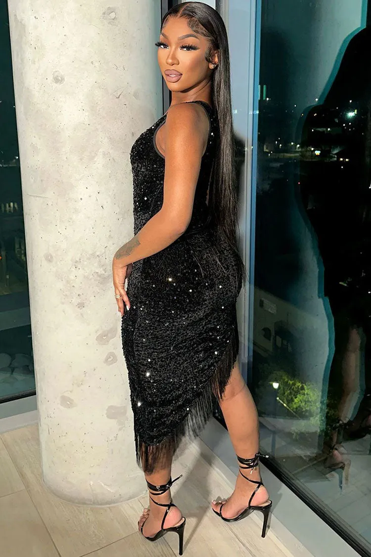 Amozae-hoco dresses -Sparkly Sequin One Shoulder Velvet Bodycon Fringe Flapper Mini Dress - Black