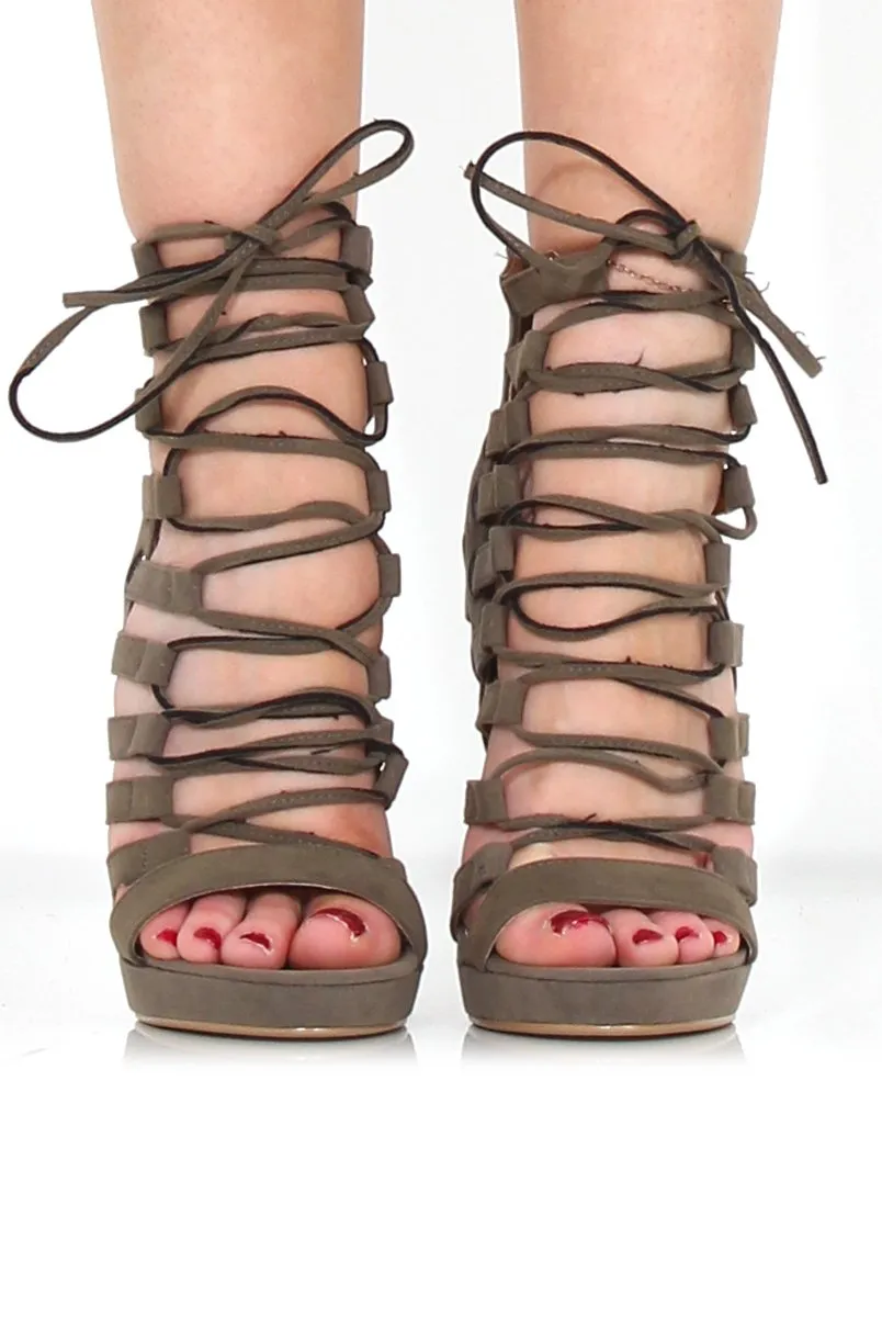 Angel Khaki Suede Caged Platform Heels