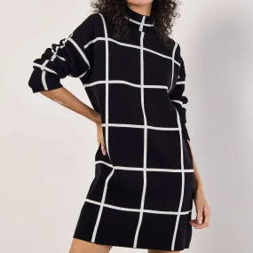 Apricot - Window Check Midi Dress - Black & White