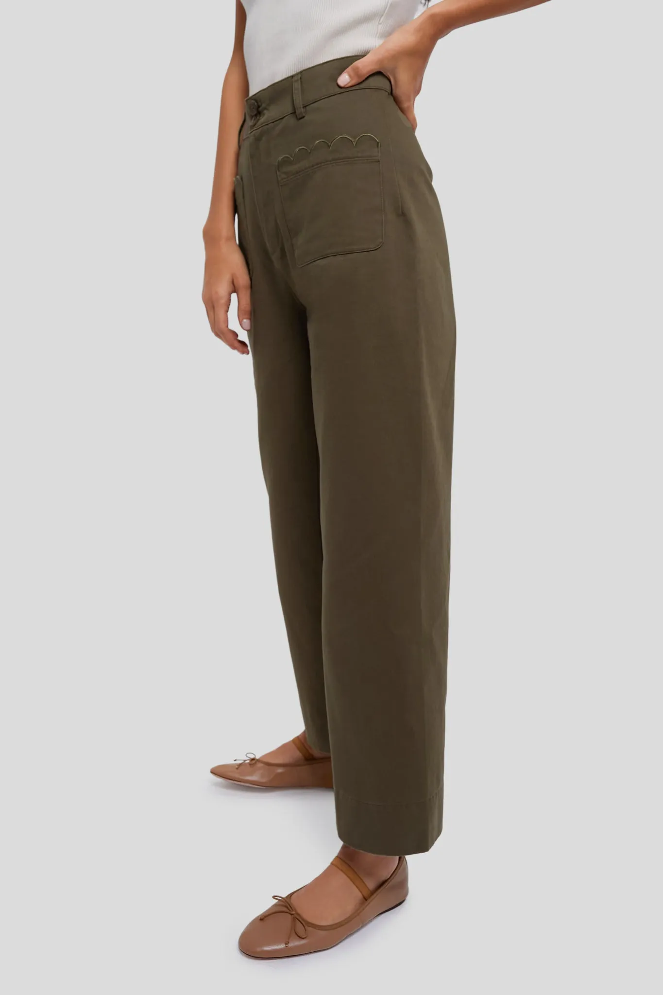 Army Green Wide Leg Chino Davis Pant