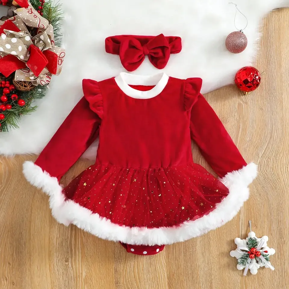 Baby 0-24M Christmas Red Romper, Newborn Toddler Infant Girl Velvet Ruffle Jumpsuit Xmas New Year Costume