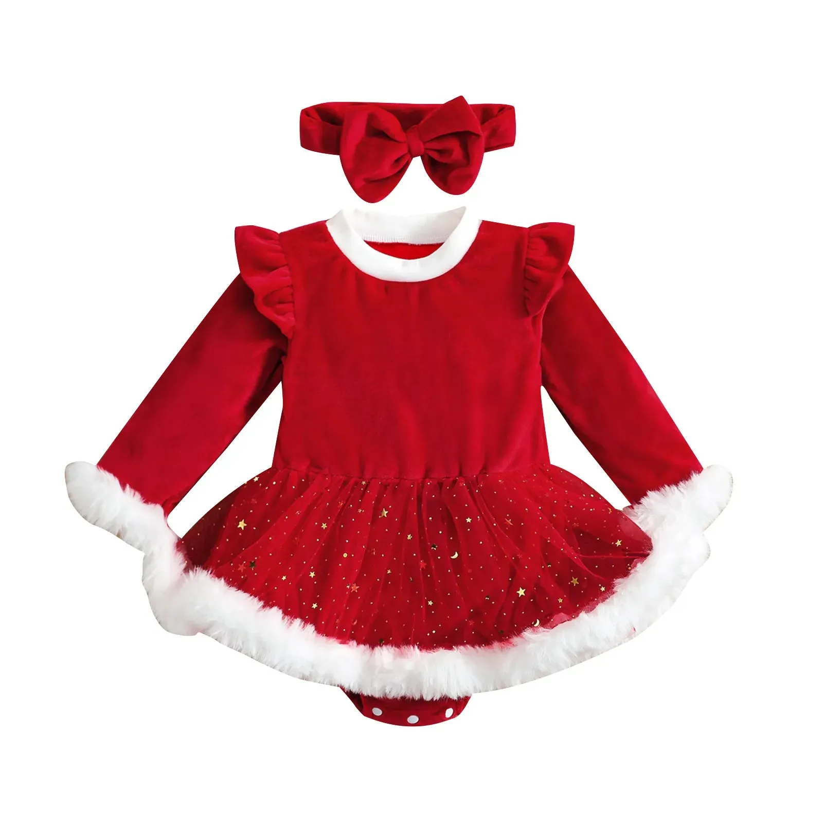 Baby 0-24M Christmas Red Romper, Newborn Toddler Infant Girl Velvet Ruffle Jumpsuit Xmas New Year Costume