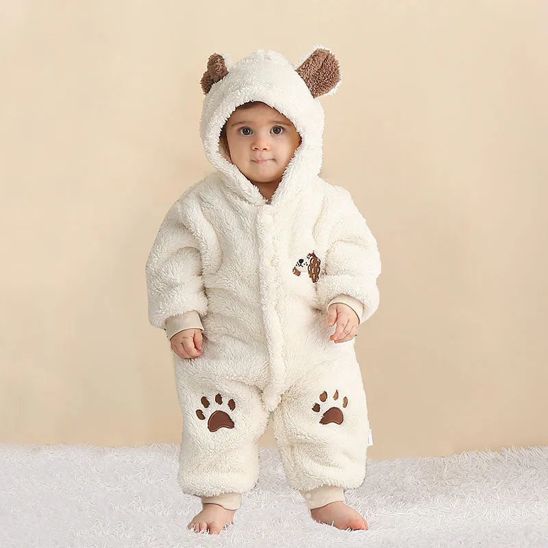 Baby One-piece Pants Pajamas Double-sided Velvet Three-dimensional Hooded Jumpsuit