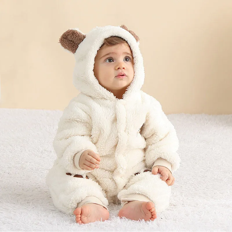 Baby One-piece Pants Pajamas Double-sided Velvet Three-dimensional Hooded Jumpsuit