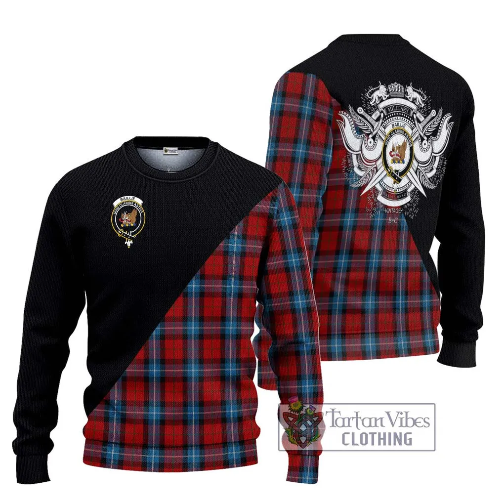 Baillie of Polkemmet Red Tartan Ugly Sweater with Family Crest and Military Logo Style