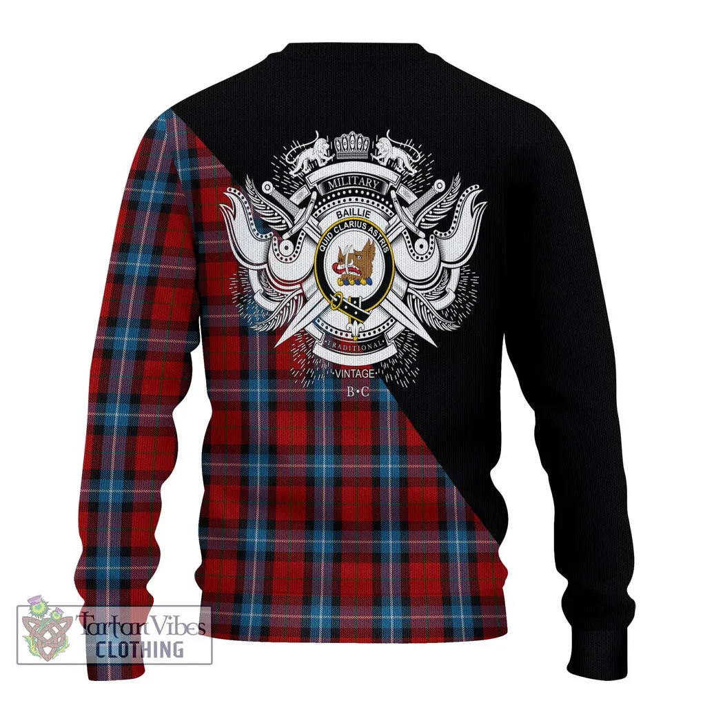 Baillie of Polkemmet Red Tartan Ugly Sweater with Family Crest and Military Logo Style