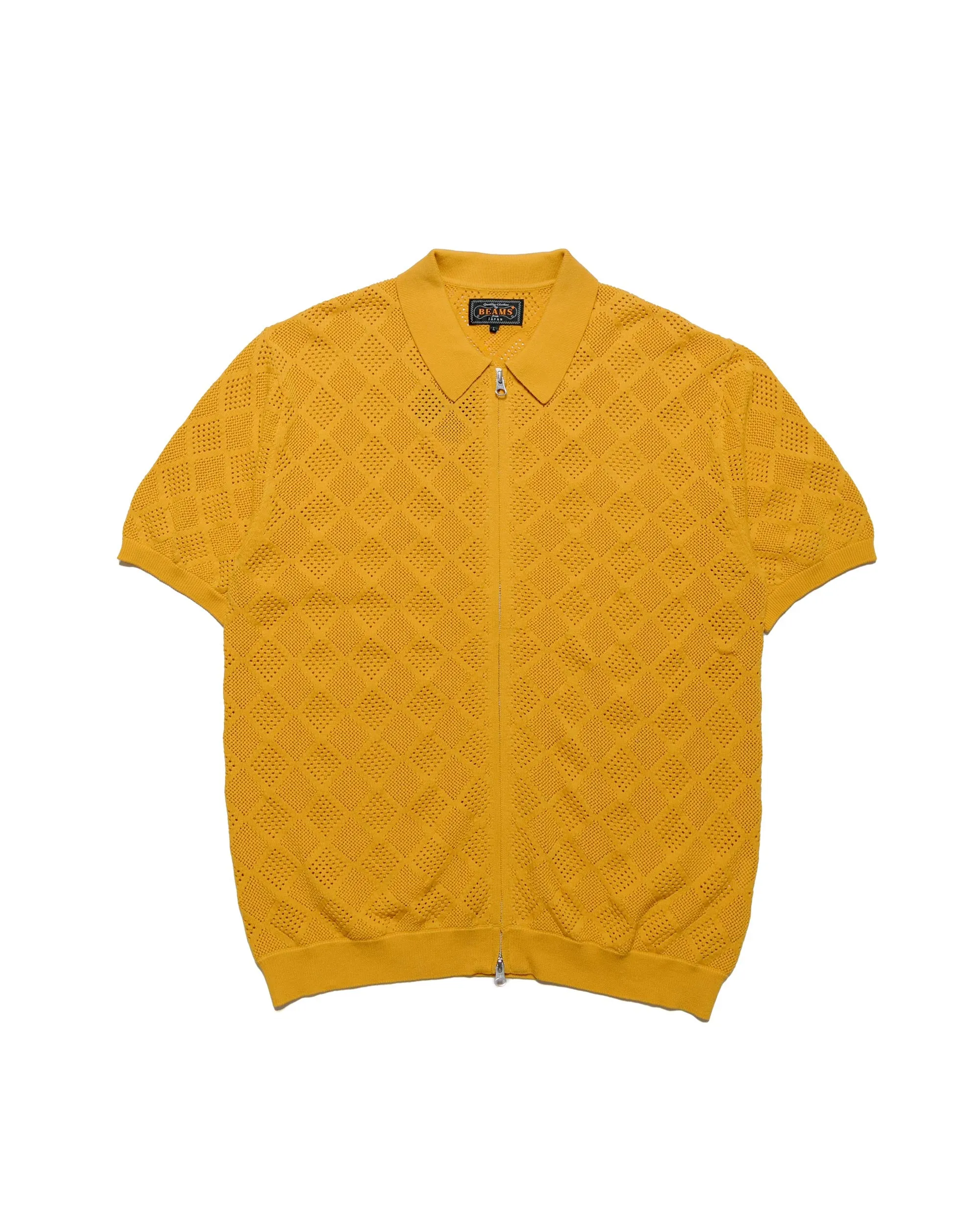 Beams Plus Zip Knit Polo Mesh Mustard