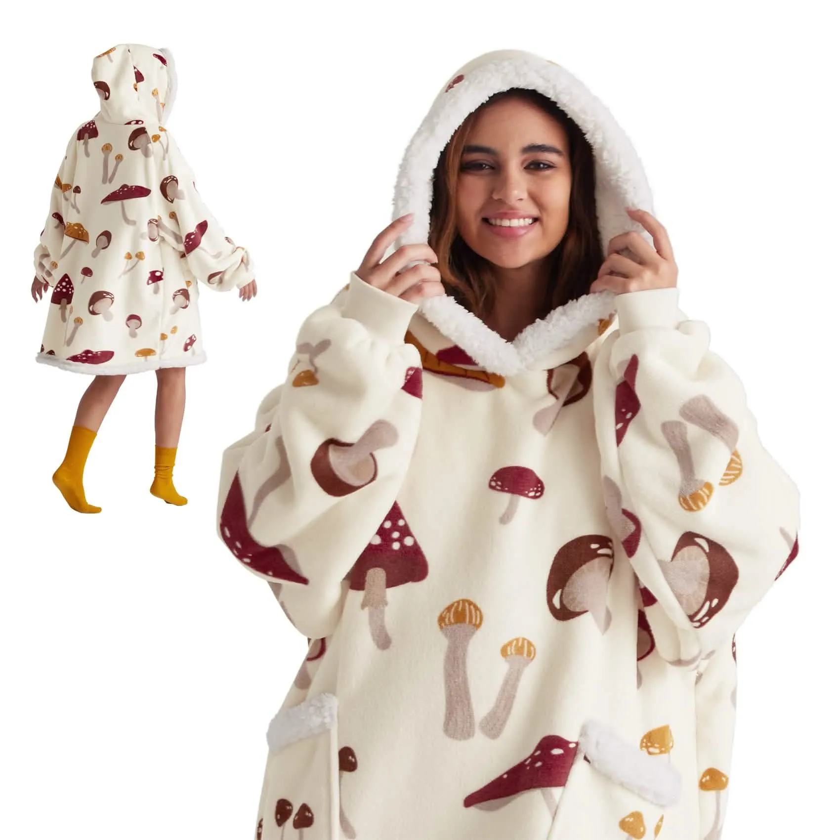 Bedsure Cute Printed Patterns Sherpa Blanket Hoodie Beige