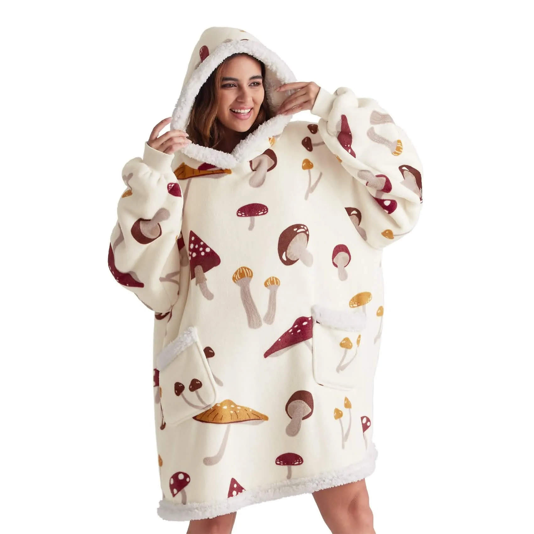 Bedsure Cute Printed Patterns Sherpa Blanket Hoodie Beige