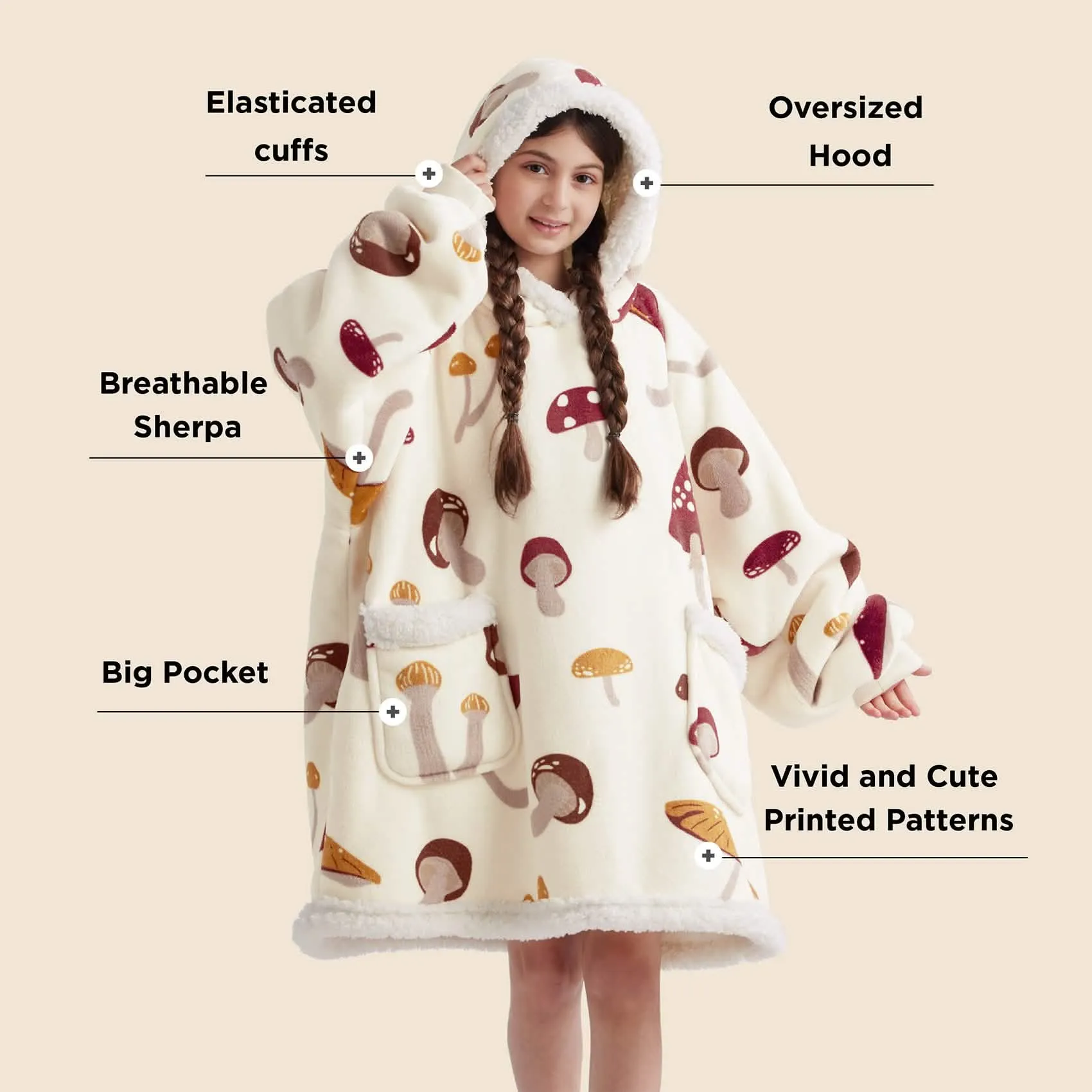 Bedsure Cute Printed Patterns Sherpa Blanket Hoodie Beige