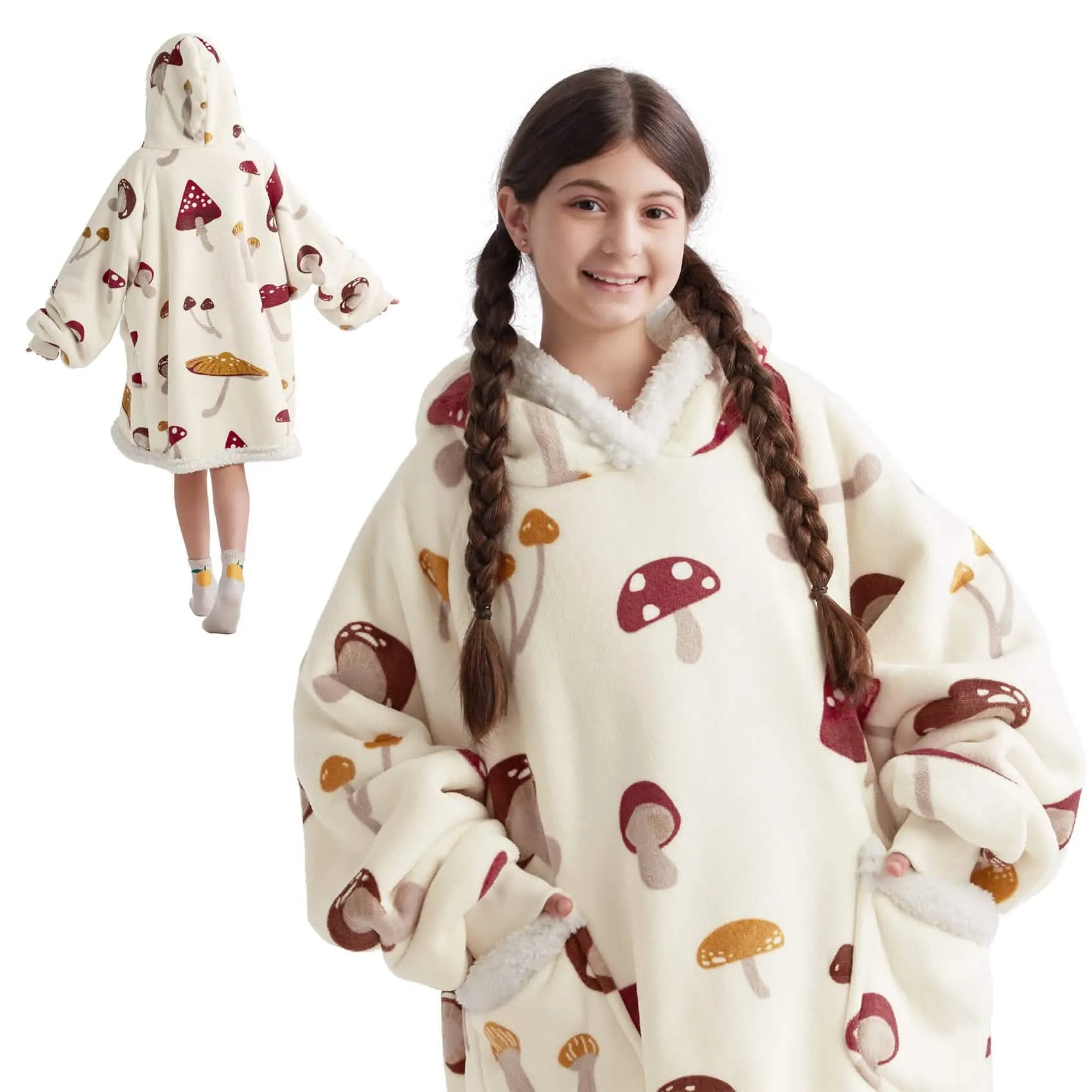 Bedsure Cute Printed Patterns Sherpa Blanket Hoodie Beige