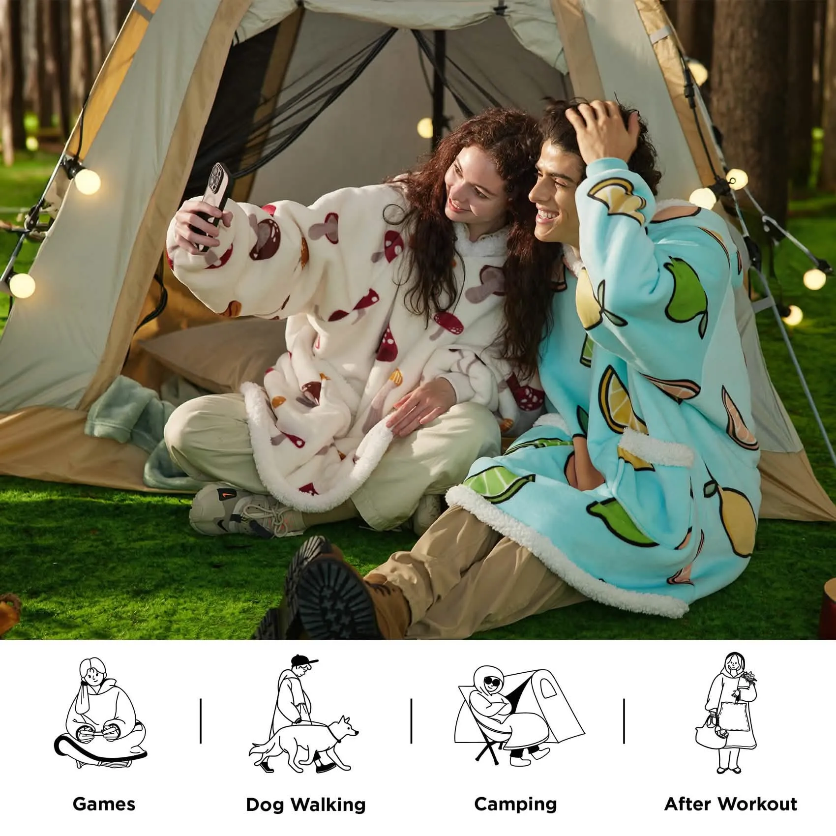 Bedsure Cute Printed Patterns Sherpa Blanket Hoodie Beige