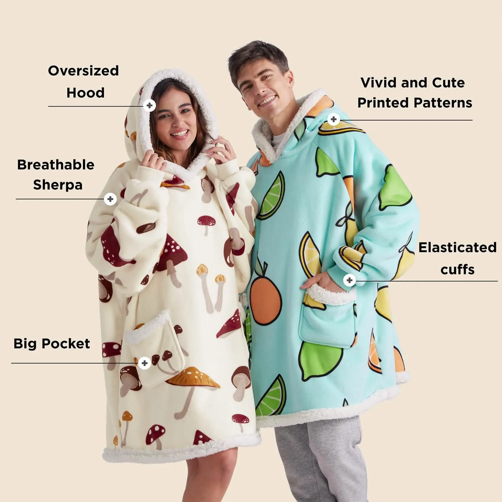 Bedsure Cute Printed Patterns Sherpa Blanket Hoodie Beige