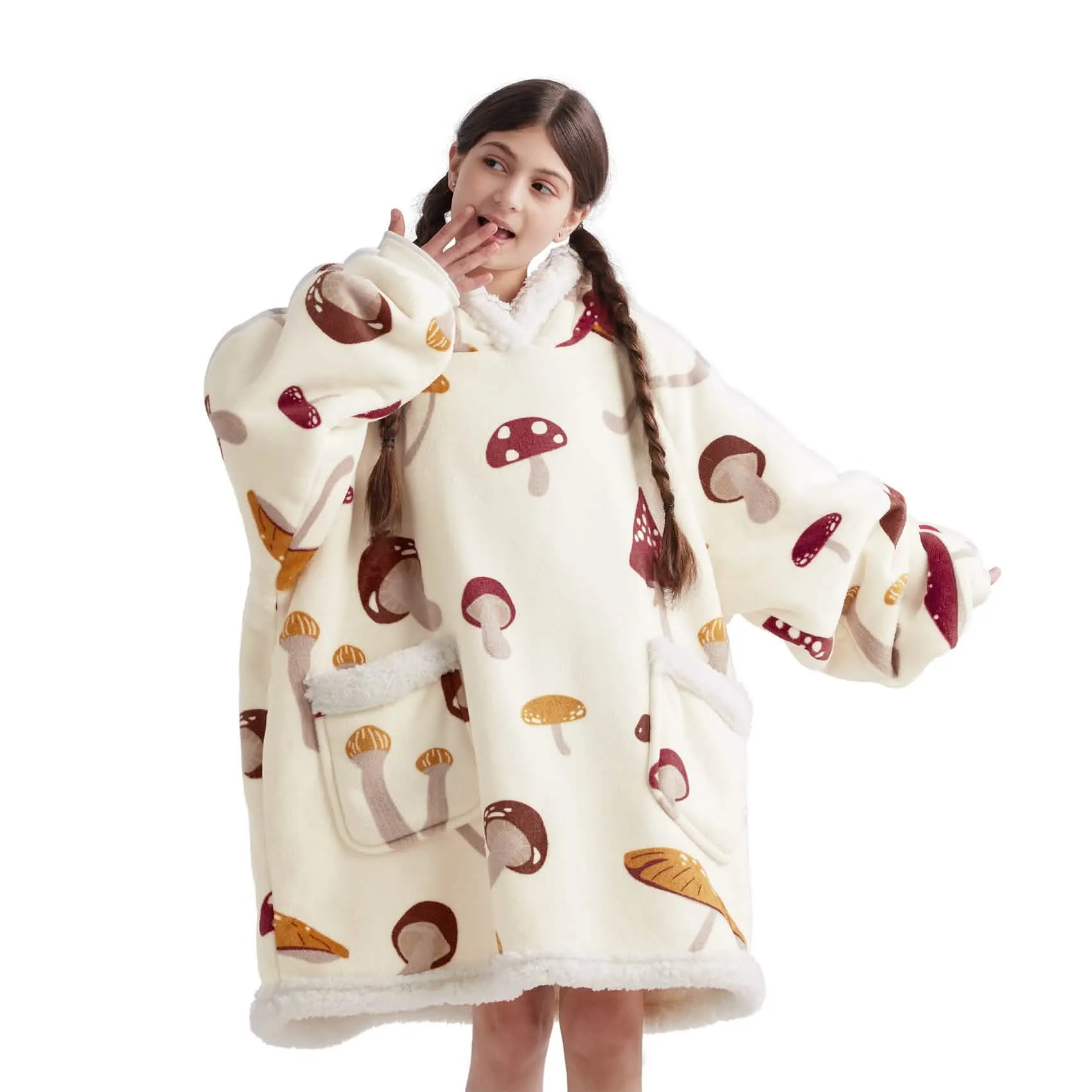 Bedsure Cute Printed Patterns Sherpa Blanket Hoodie Beige