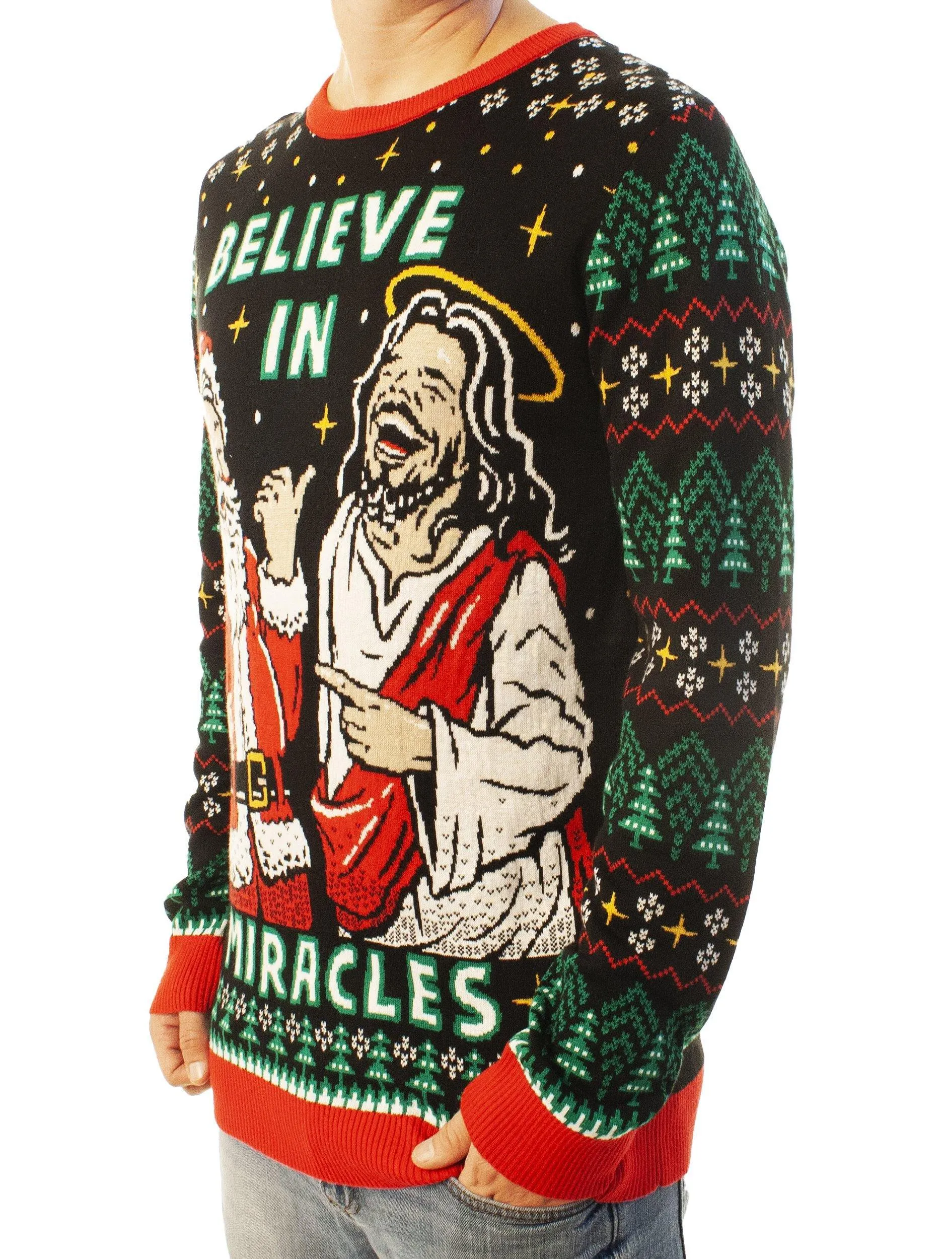 Believe In Miracles Jesus And Santa Ugly Christmas Sweater - Xmas Gifts For Him Or Her - Best Gift For Christian