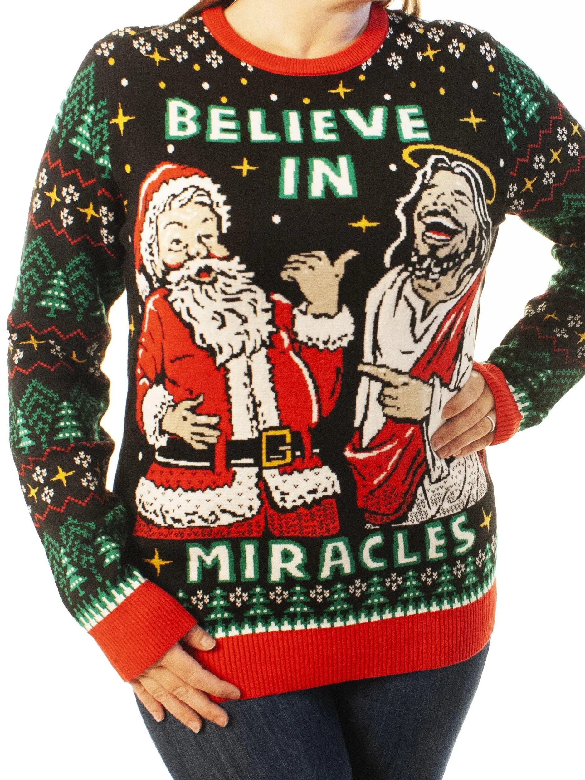 Believe In Miracles Jesus And Santa Ugly Christmas Sweater - Xmas Gifts For Him Or Her - Best Gift For Christian