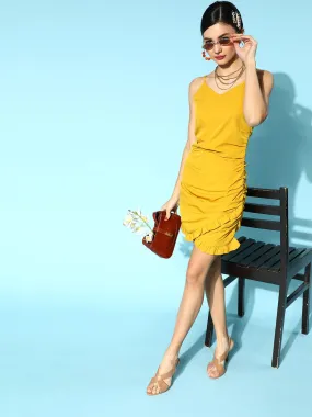 Berrylush Women Solid Mustard Yellow V-Neck Sleeveless Tulip Hem Ruffled & Ruched A-Line Mini Dress