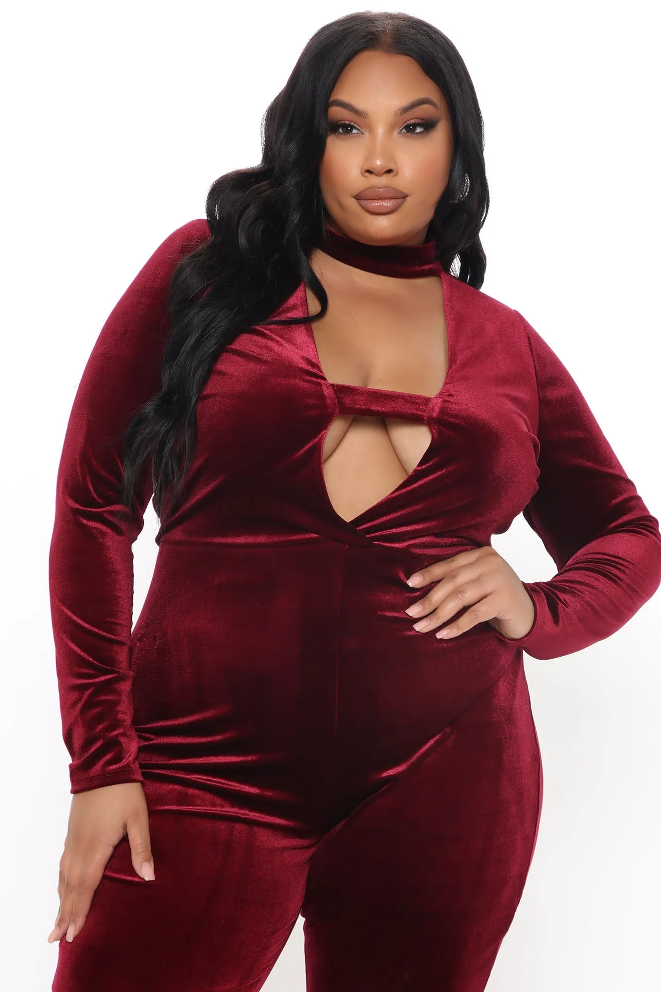 Betty Bodycon Velvet Jumpsuit - Burgundy