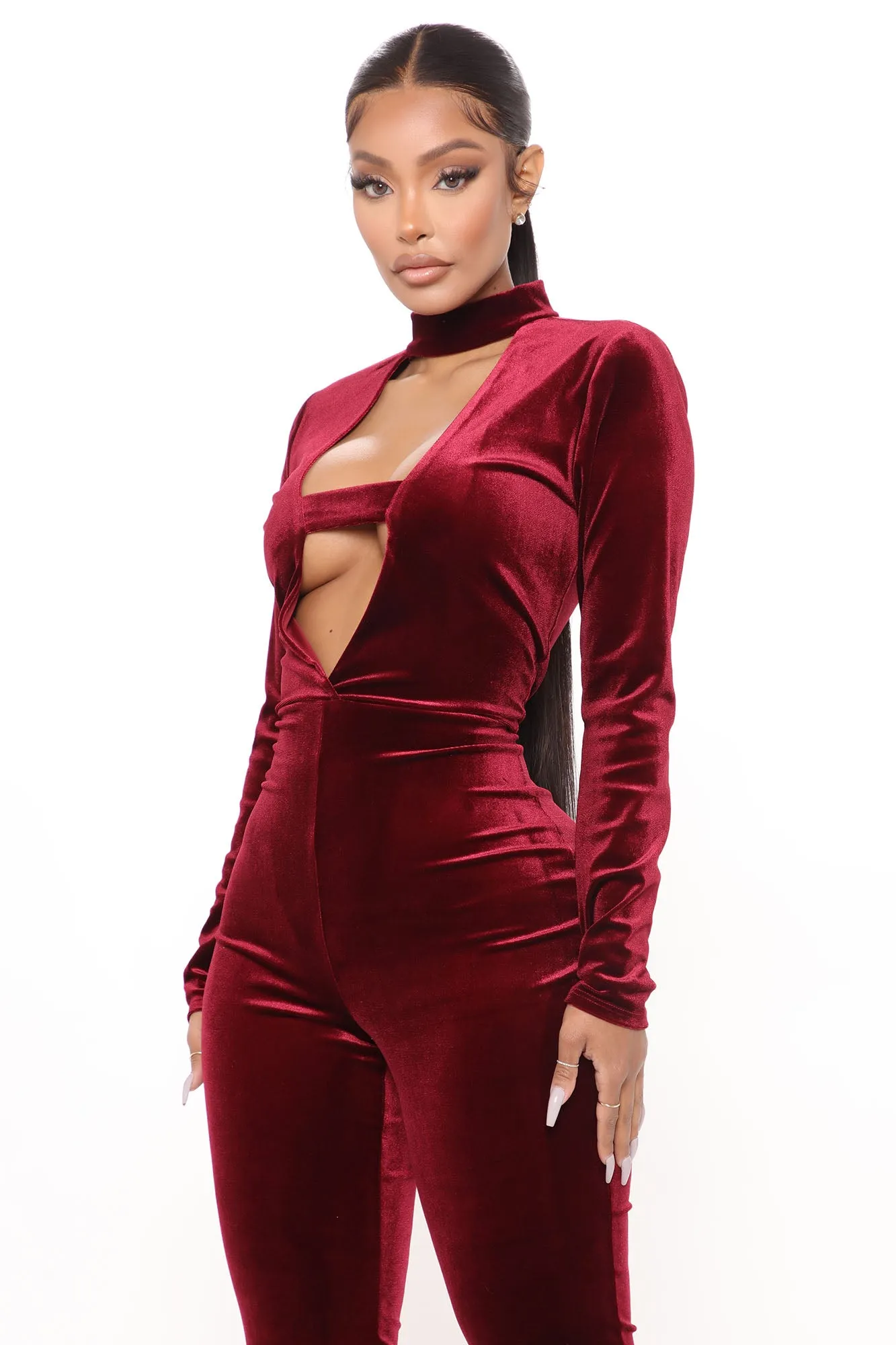 Betty Bodycon Velvet Jumpsuit - Burgundy