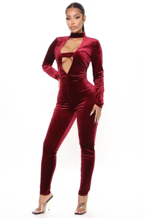 Betty Bodycon Velvet Jumpsuit - Burgundy