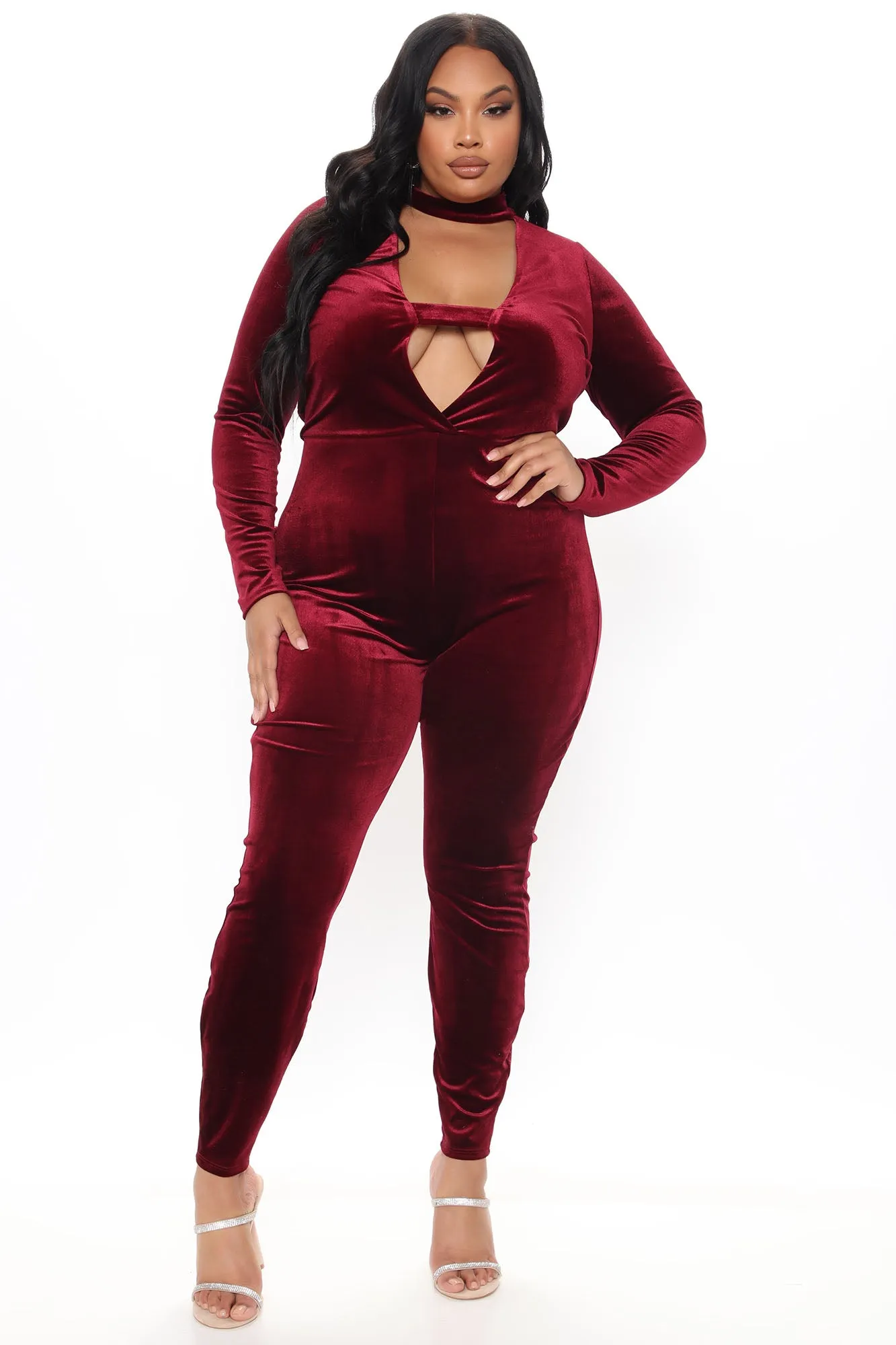 Betty Bodycon Velvet Jumpsuit - Burgundy