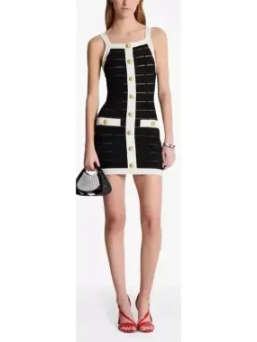 Black and White Sheer Panel Buttoned Tank Mini Dress