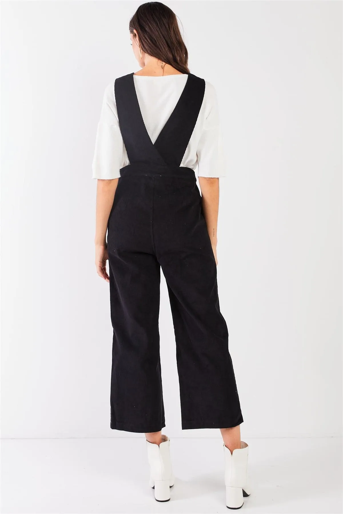 Black Corduroy Button Front Ankle Length Overall Jumpsuit /2-1-2