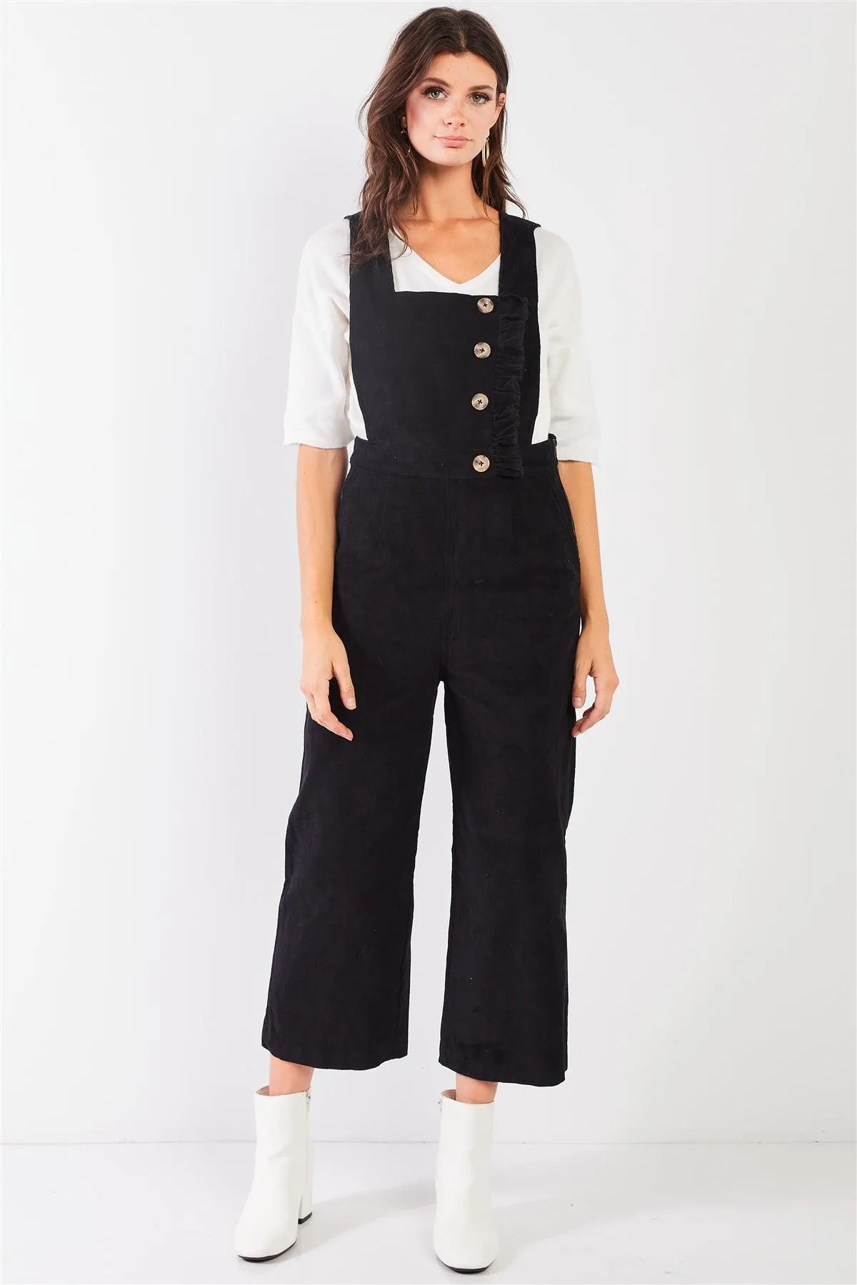 Black Corduroy Button Front Ankle Length Overall Jumpsuit /2-1-2