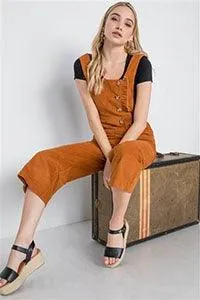 Black Corduroy Button Front Ankle Length Overall Jumpsuit /2-1-2