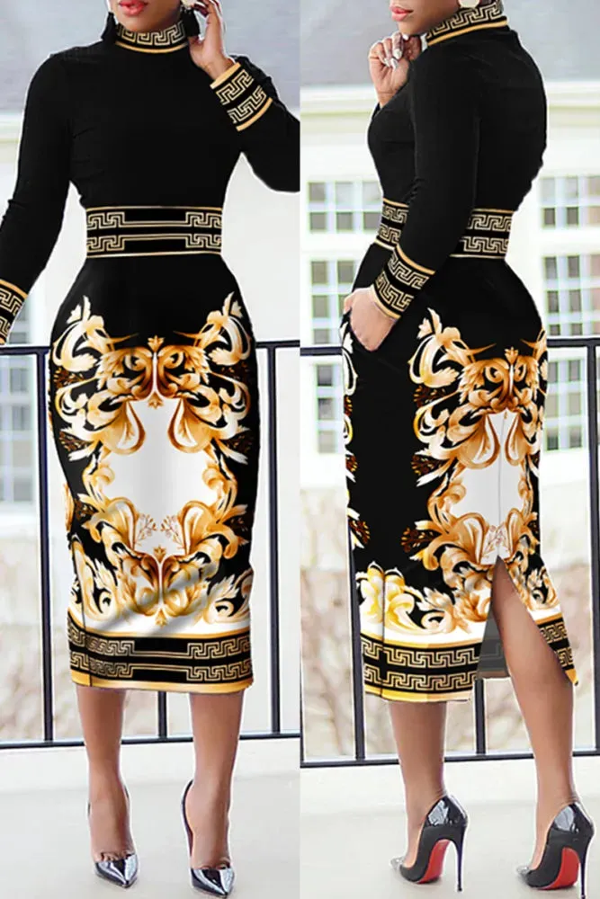 Black Gold & White Italian Print Bodycon Dress