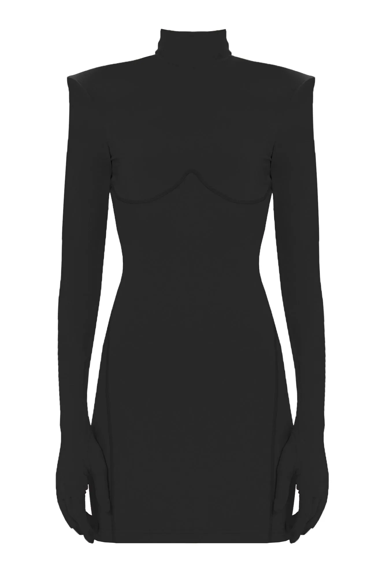 Black Long Sleeve Turtleneck Bodycon Shoulder Pad Party Futuristic Mini Dress with Gloves