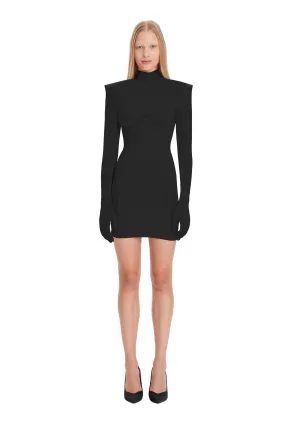 Black Long Sleeve Turtleneck Bodycon Shoulder Pad Party Futuristic Mini Dress with Gloves