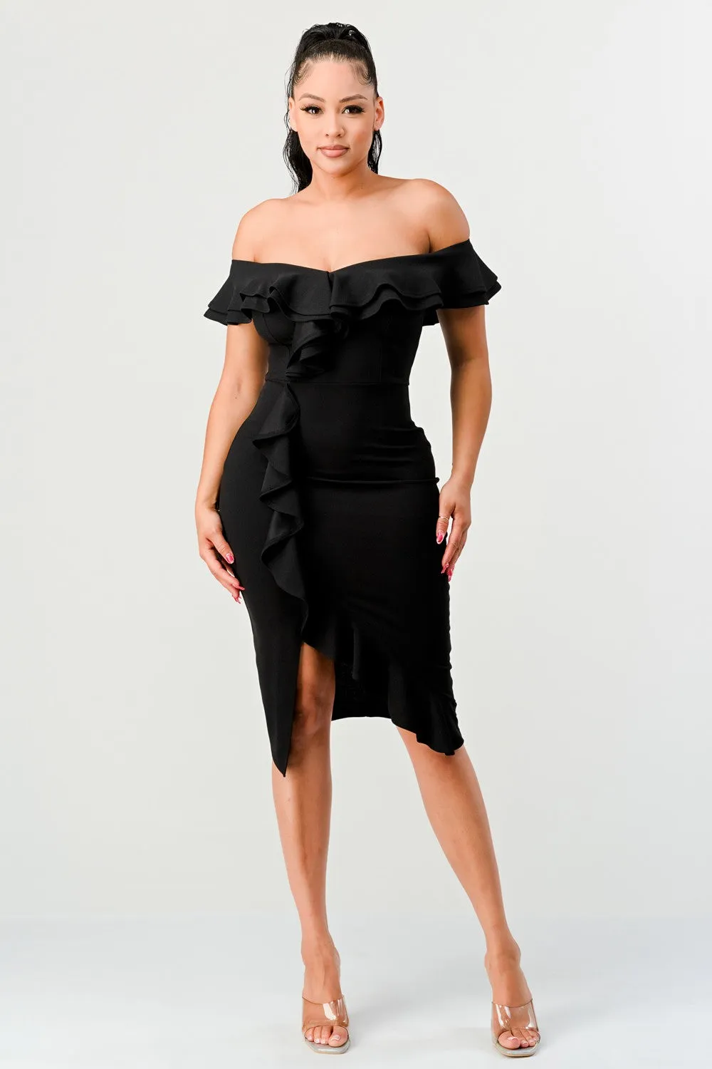 Black Off Shoulder Ruffle Trim Bodycon Dress