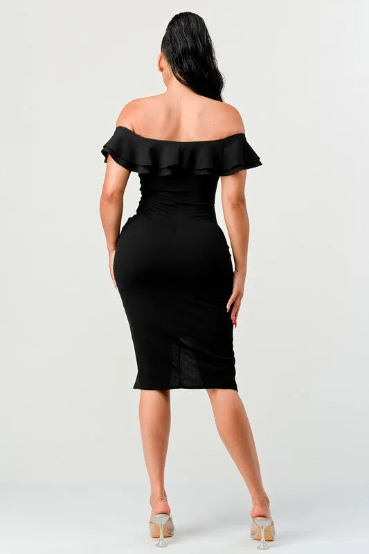 Black Off Shoulder Ruffle Trim Bodycon Dress